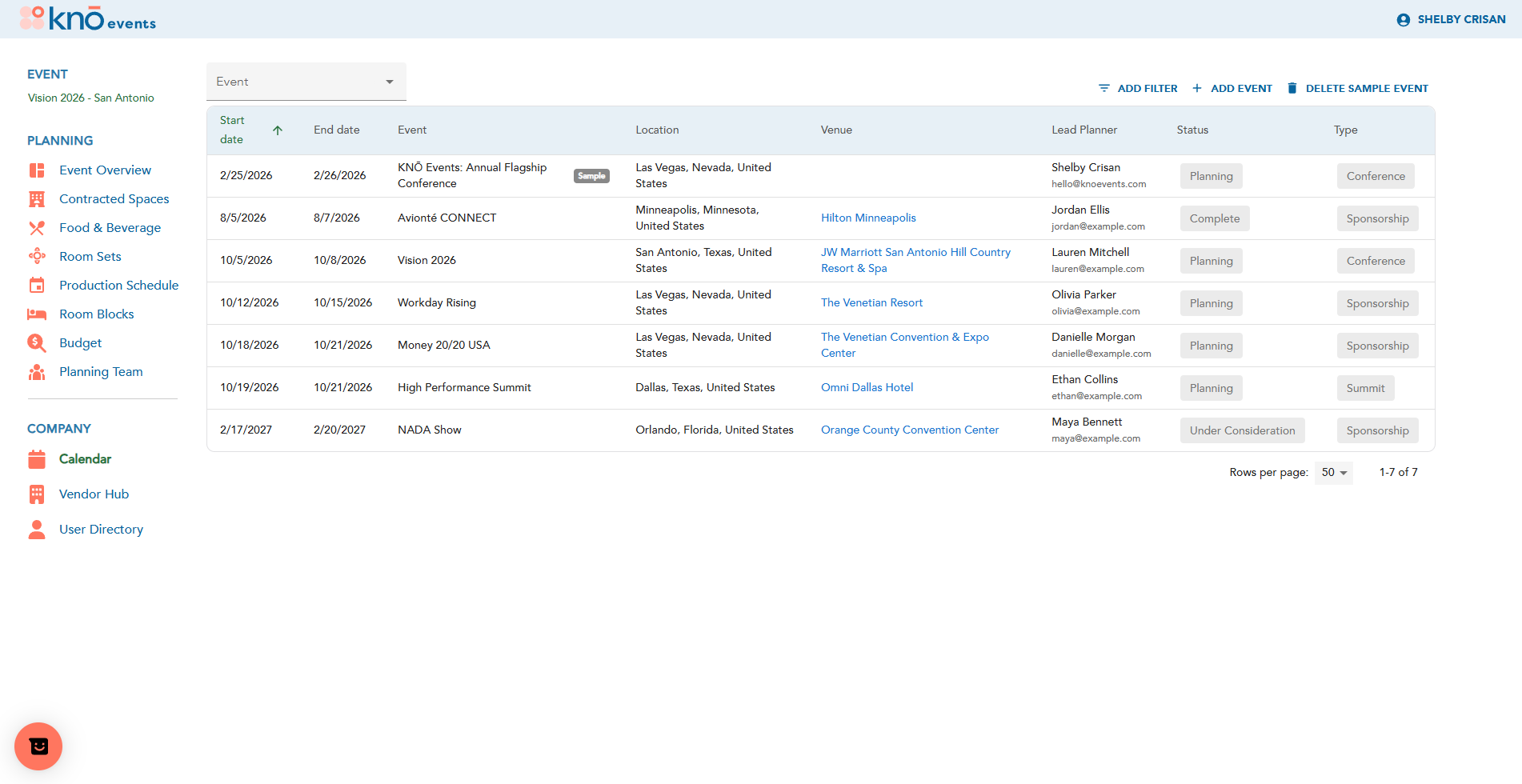 KNO Events portfolio calendar